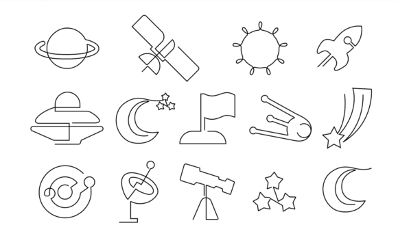 Space Icon Set: Fluid Motion in Single-Line Art